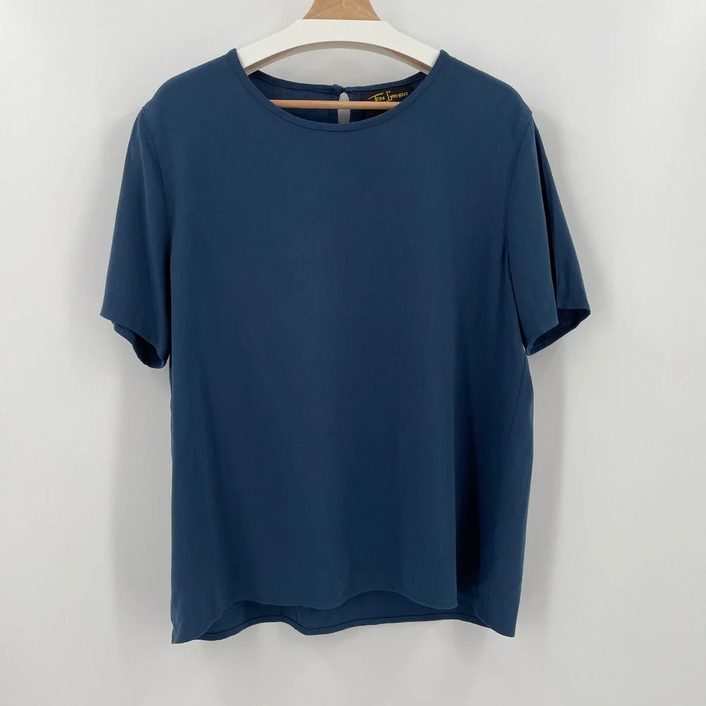 Toni Garment CC Magic Vintage Blouse M Slate Blue Short Sleeve Shirt Keyhole - Picture 2 of 8